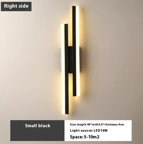Modern minimalist Scandinavian LED wall light with acrylic shade in black or gold finish, shown in 48cm, 50cm, and 65cm sizes.