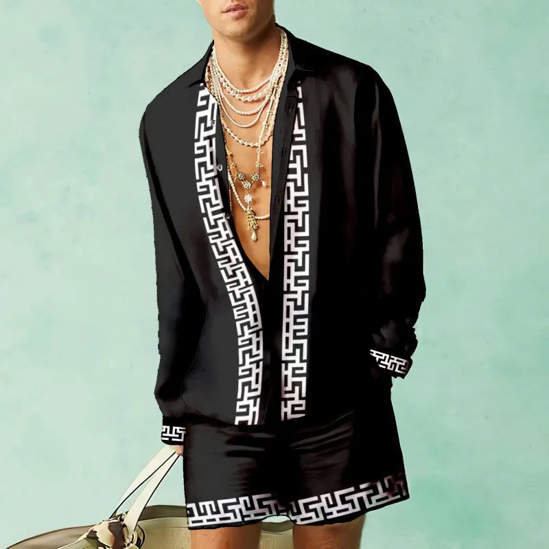 Men's slim fit long sleeve shirt and matching shorts casual summer set on a hanger.
