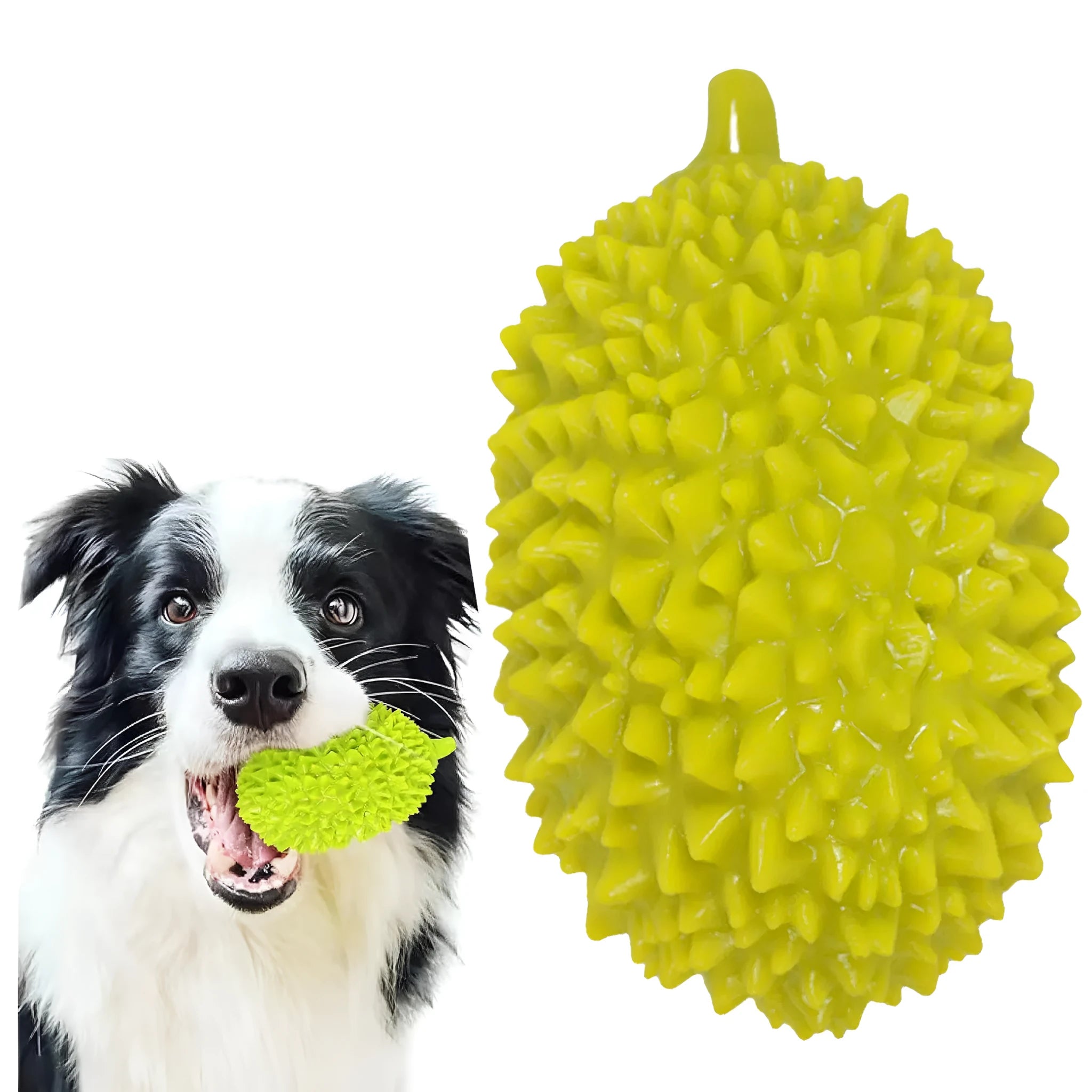 Durian-shaped dog chew toy in yellow with squeaker and tooth cleaning ridges