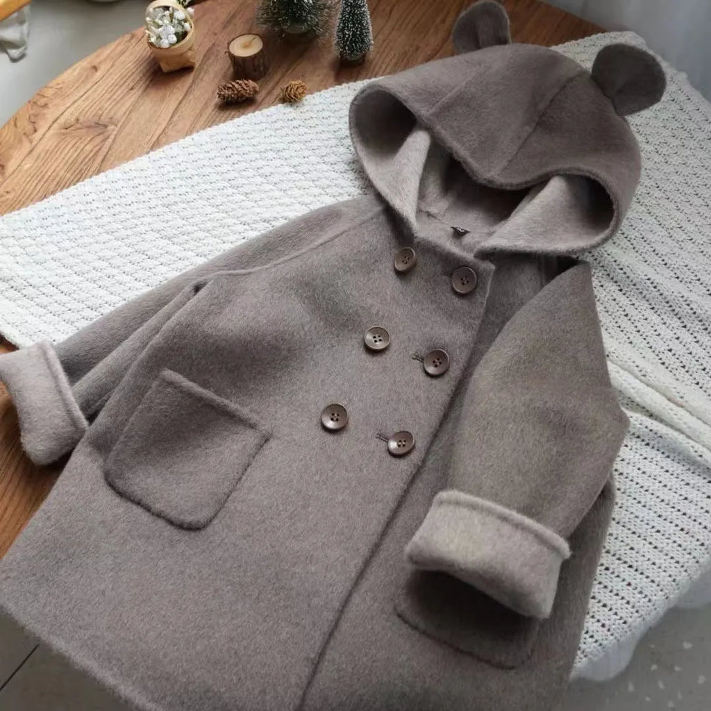 Thickened two-colour double-sided cashmere wool coat for children, hooded double breasted mid-length, apricot beige