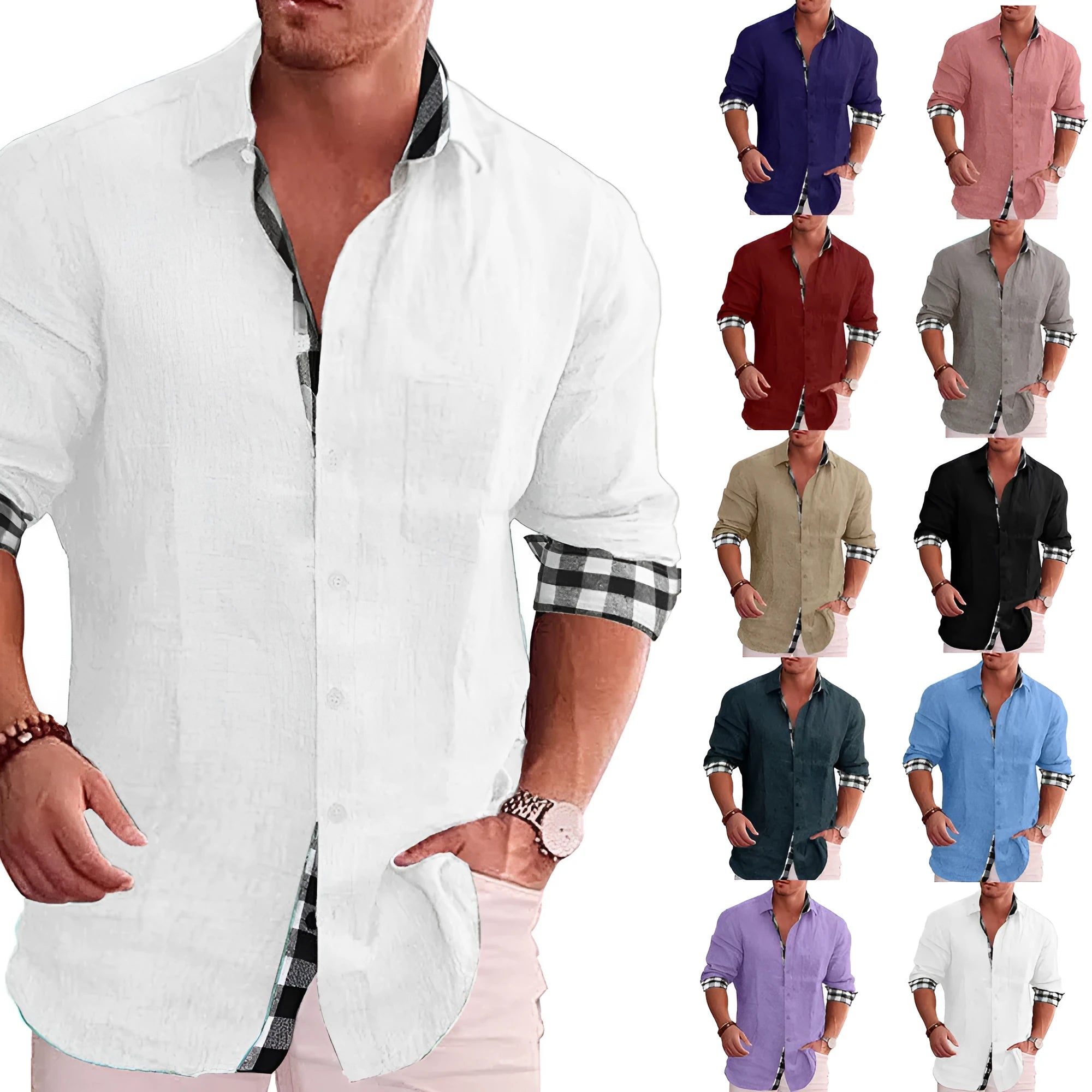 Men's long sleeve plaid cardigan shirt in cotton blend regular fit, available in multiple colours including white and black
