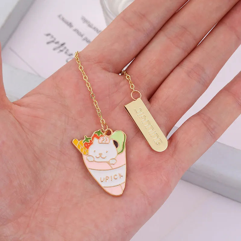 Jane Key Foodie metal bookmark with cartoon cat design, showing four style options including Strawberry Cake Cat.