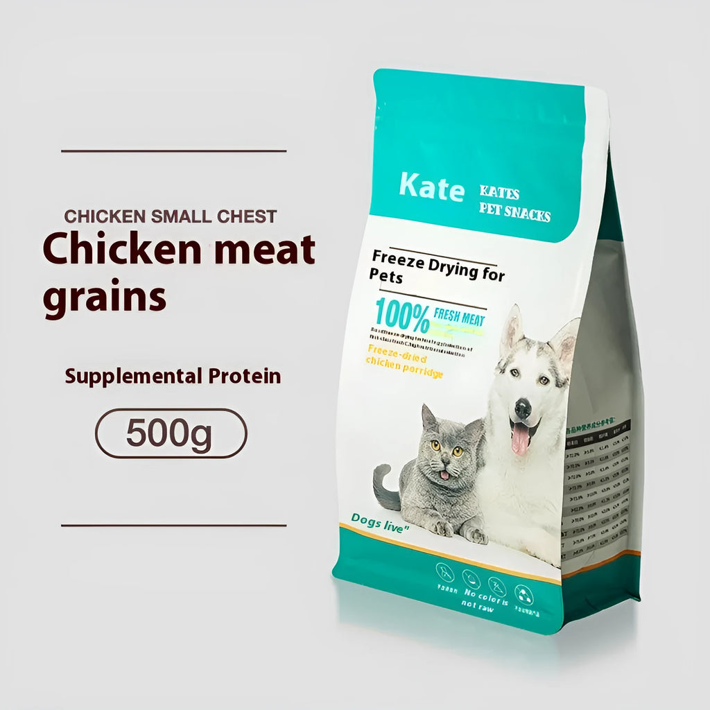 500g chicken freeze-dried cat treats in bag or can packaging showing high-grade chicken pieces