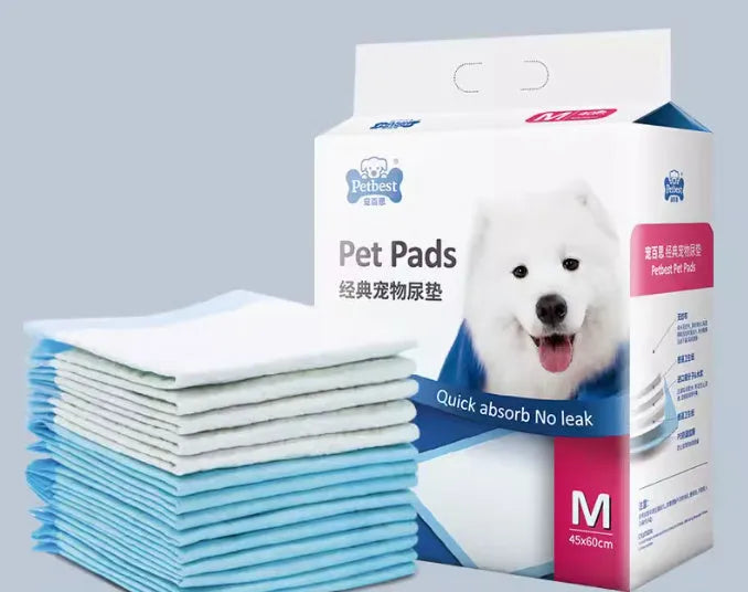 Pack of thickened, absorbent dog urine pads showing lemon scent, blue classic, and bamboo charcoal variants in different sizes.