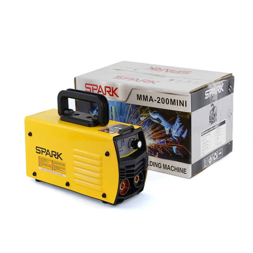 MMA-200MIN 220V DC inverter welding machine with welding tongs, clamps, face shield, and brush hanger