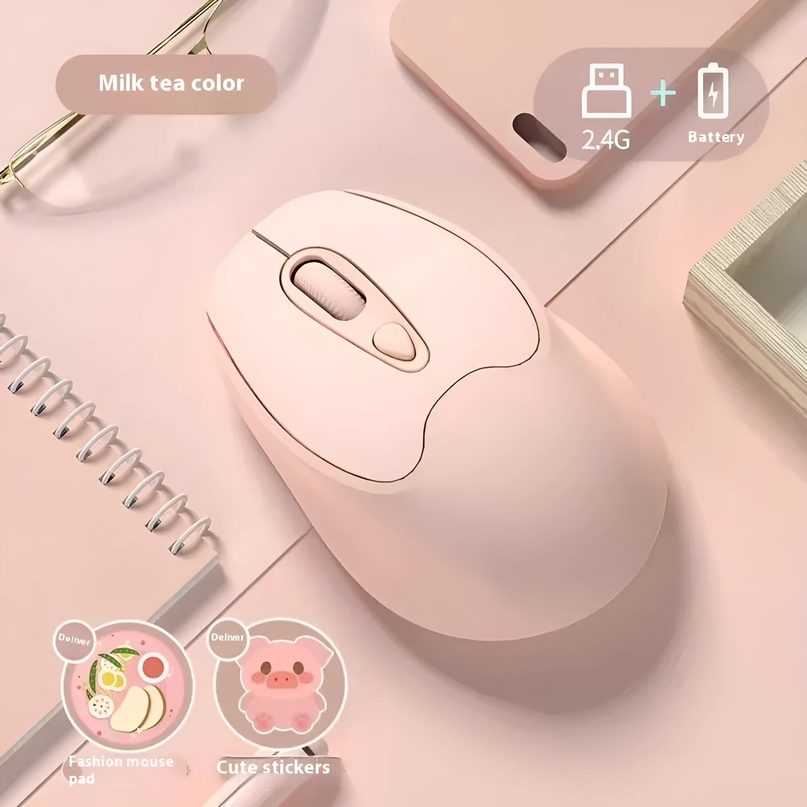 Bluetooth wireless mouse in choice of girl pink, milk tea pink, grey or green colours on a desk next to a laptop.