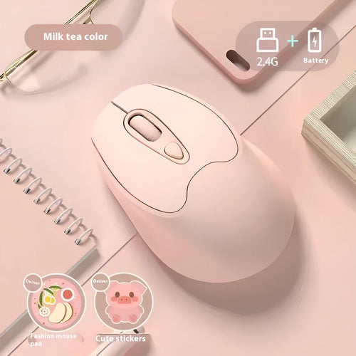 Bluetooth wireless mouse in choice of girl pink, milk tea pink, grey or green colours on a desk next to a laptop.