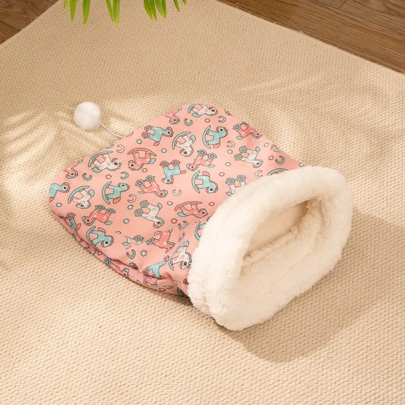 Blue rabbit design flannel cat sleeping bag nest bed measuring 50cm by 40cm.
