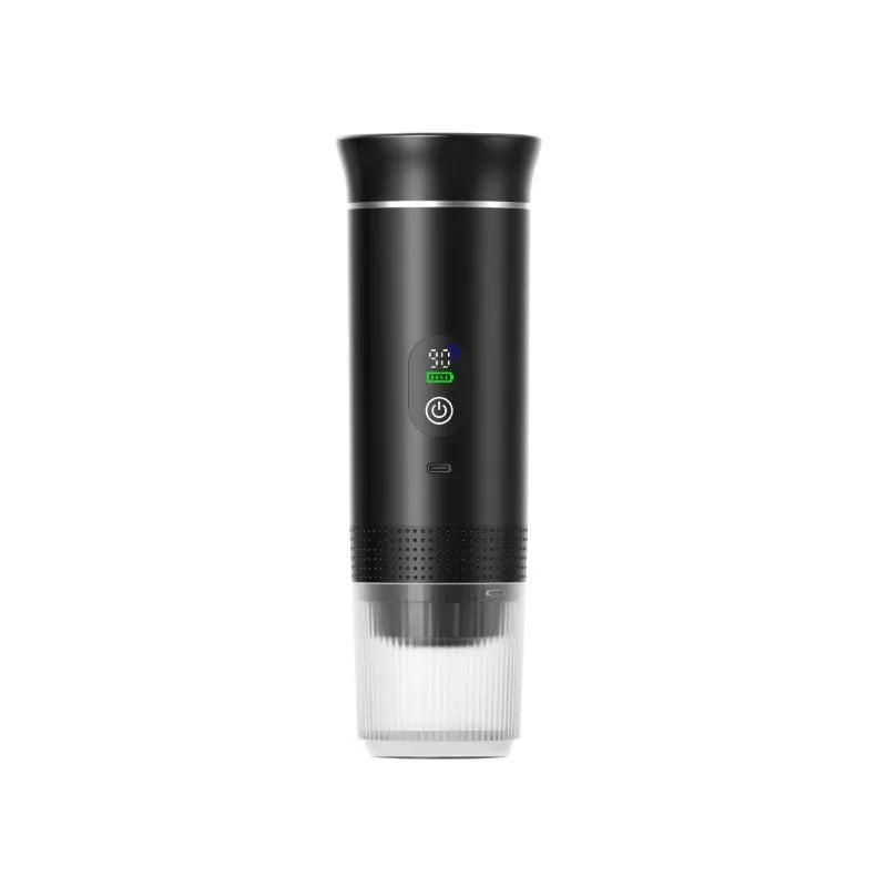 Portable electric capsule coffee machine in black colour with LCD display and compact design for outdoor use