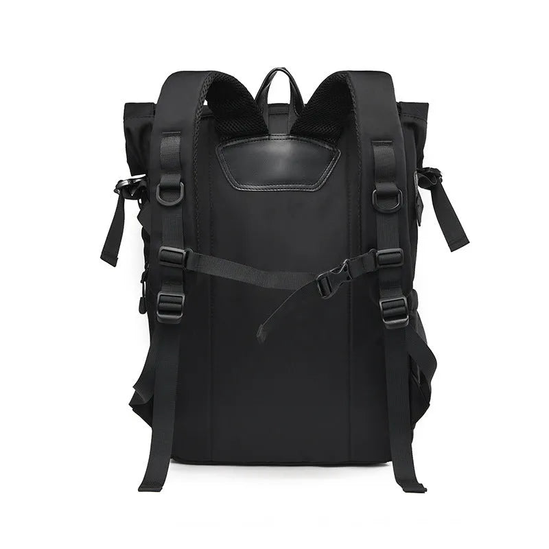 Men's nylon waterproof backpack in solid black for business commute and outdoor travel