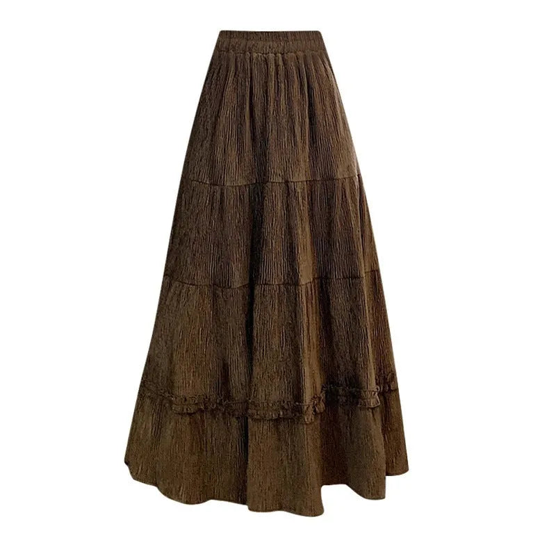 Korean style A-line corduroy skirt with elastic waistband in beige colour showing midi length