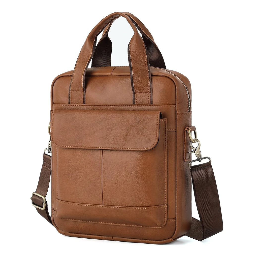 Genuine leather retro vertical briefcase men's bag with sewing thread detailing in black colour