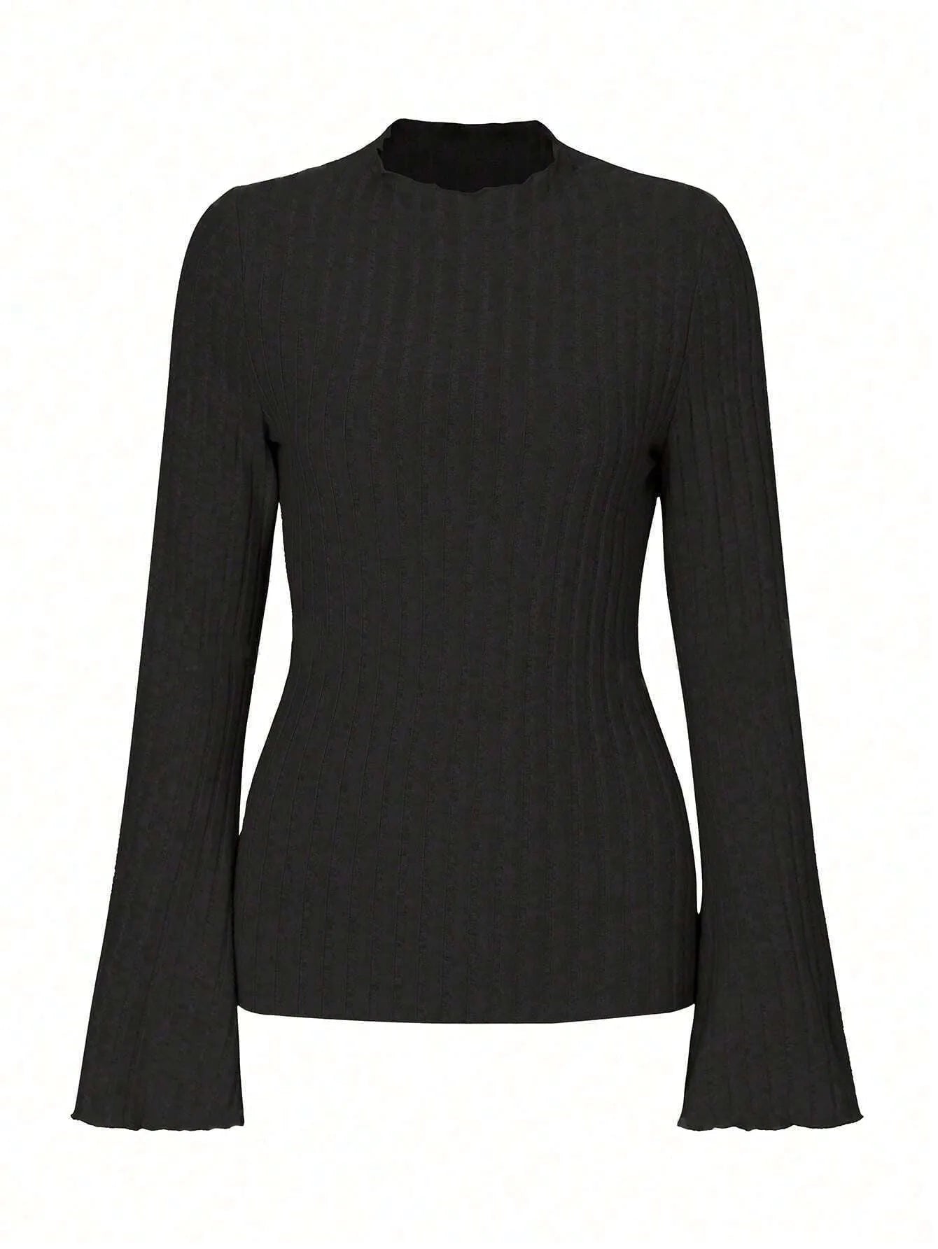 Slim fit long sleeve top with lantern sleeves in black brushed polyester fabric, showing sunken stripe detail and round neck.