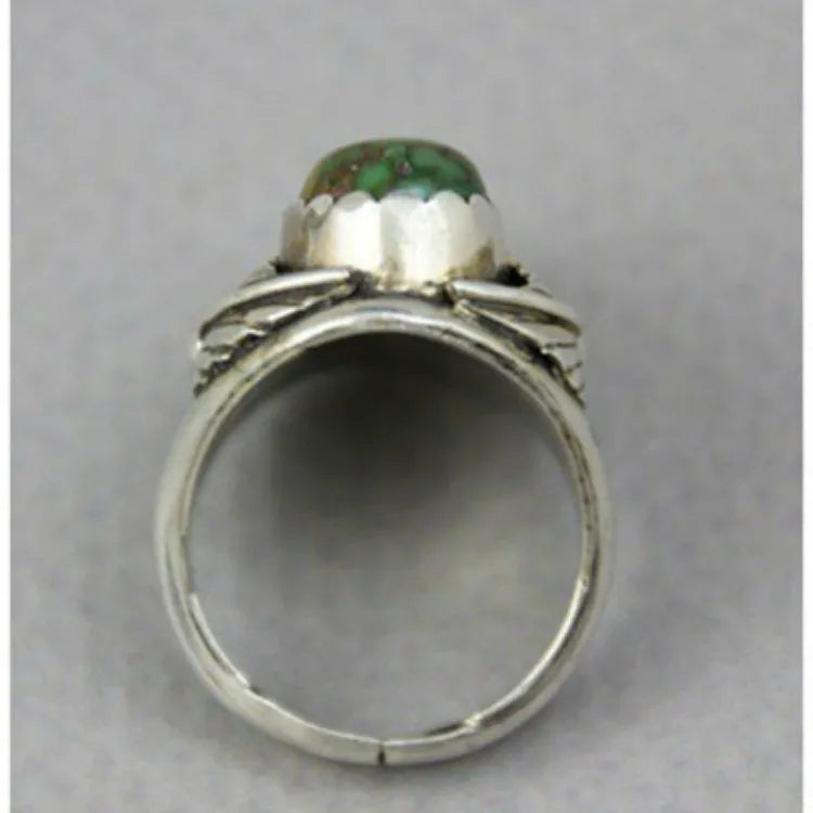 Women's geometric turquoise ring with inlaid design on alloy band, shown in size options 6-10