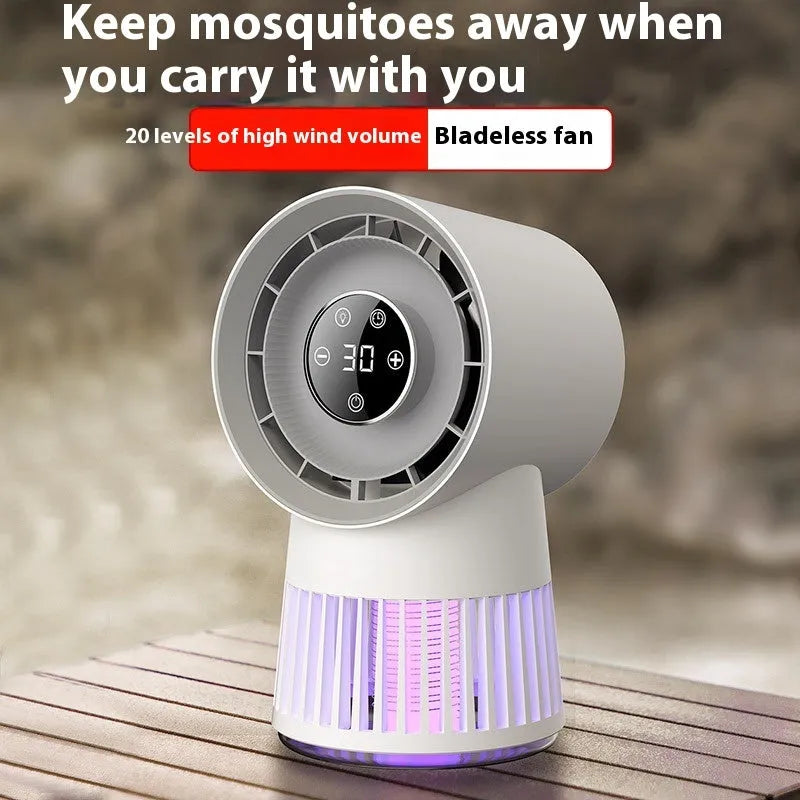 White plastic 2-in-1 mosquito killer and USB desk fan with night light, showing compact bladeless design.