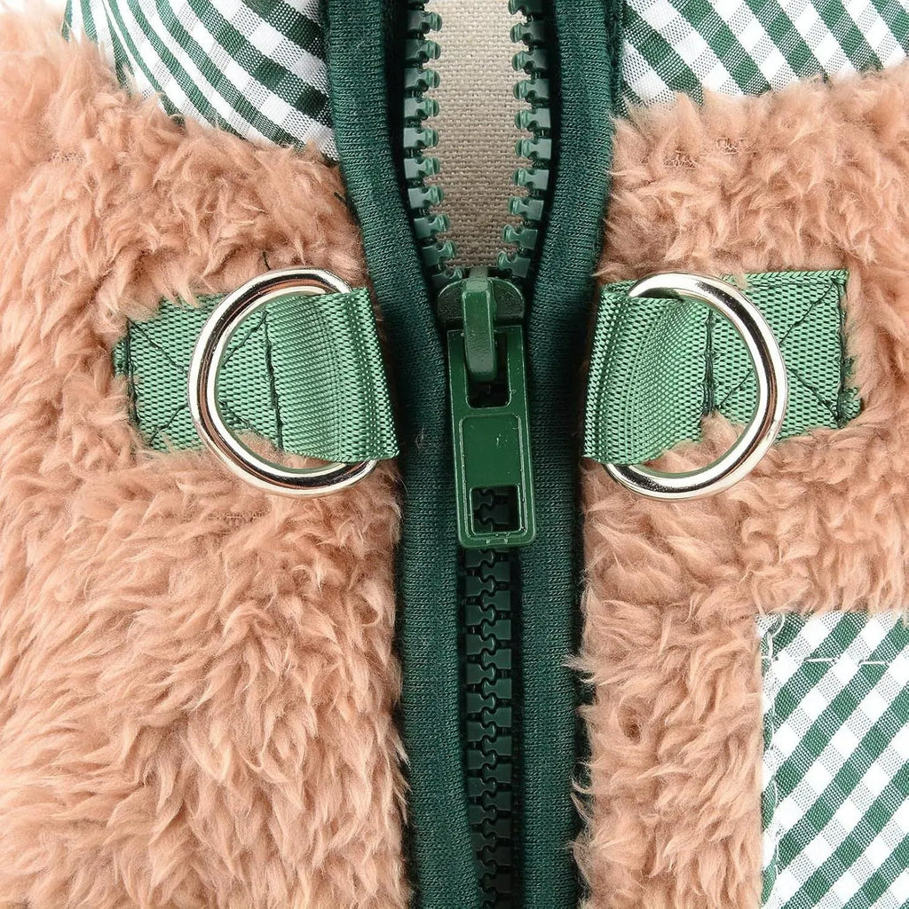 Green fleece dog jumpsuit with four legs and back zipper for small breed winter wear