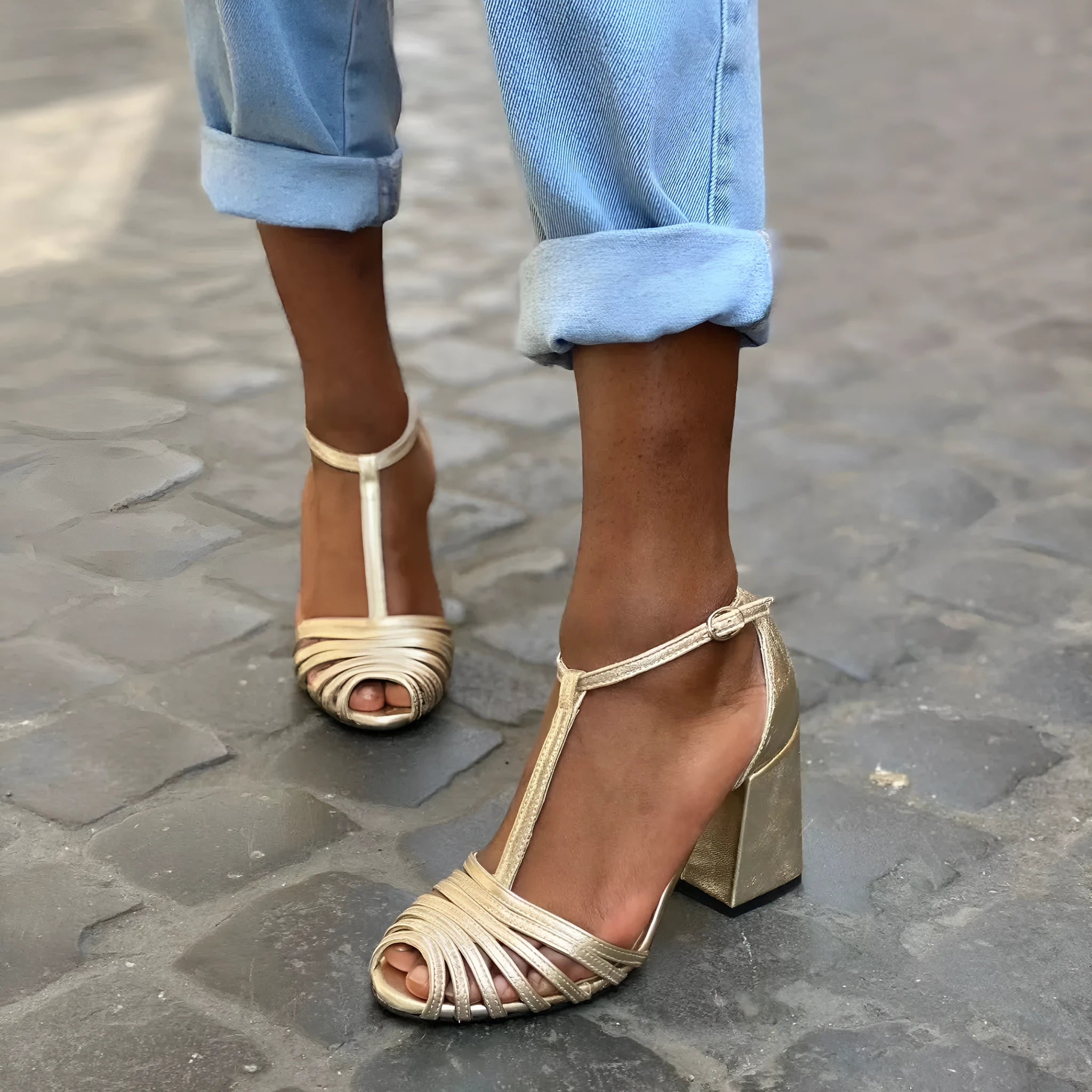 Gold high heel fish mouth open toe buckle strap sandals for women
