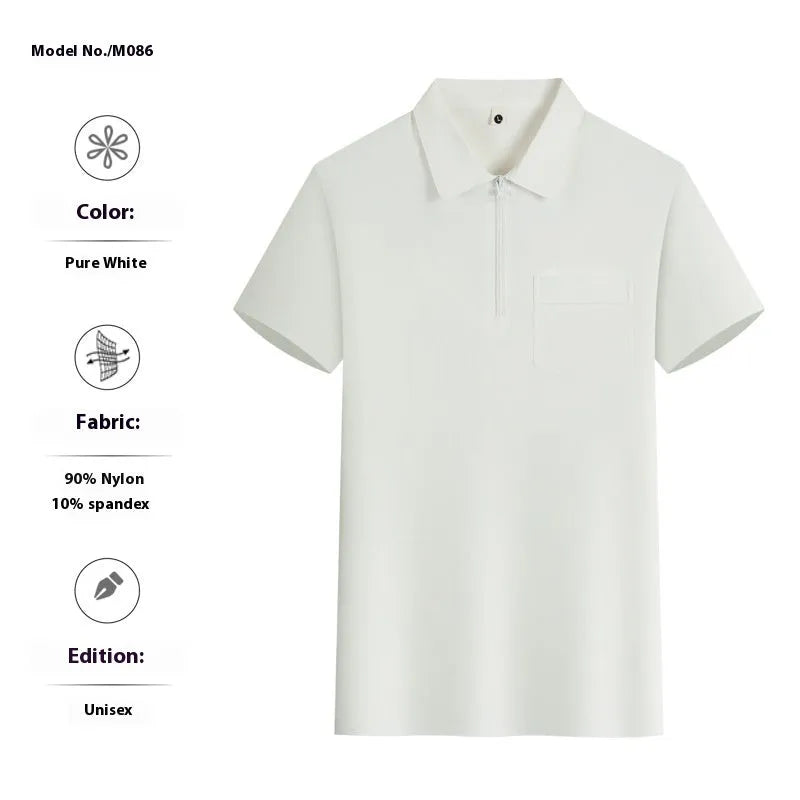 Short sleeve nylon shirt with multiple zippered pockets on the lapel, shown in silver grey.
