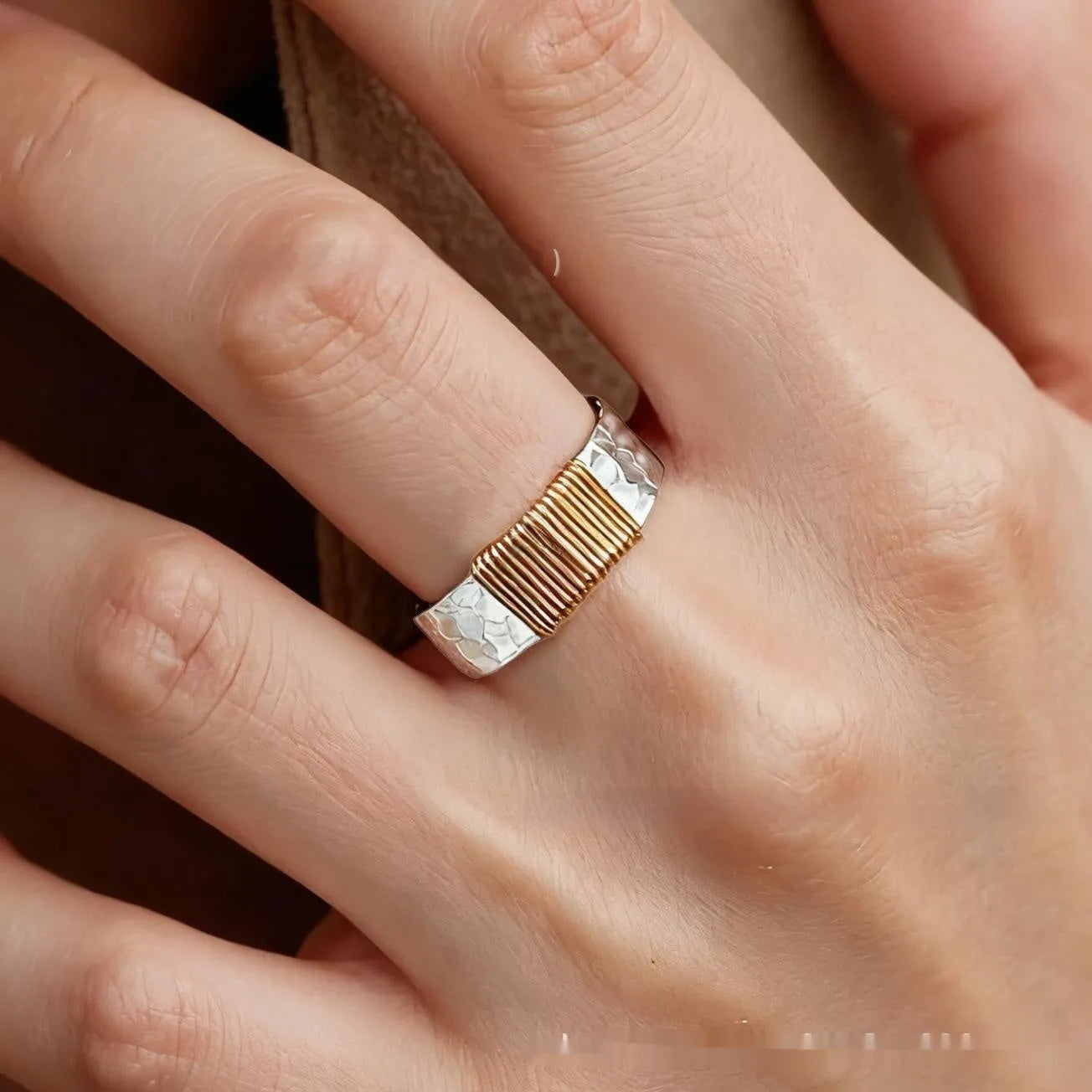 Copper geometric wide face bracelet ring with irregular vintage coil style in silver golden colour