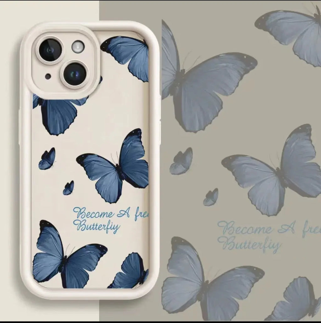 Blue butterfly printed edging drop-resistant TPU phone case for iPhone in black colour