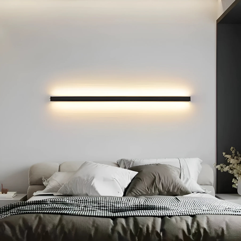 80cm long black aluminium LED wall lamp with a polycarbonate shade, showing three light colour options.