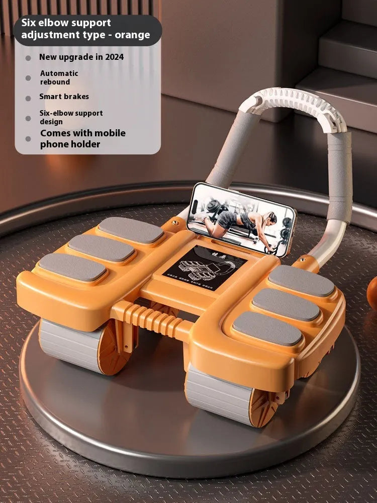 Intelligent four-wheel abdominal wheel with automatic rebound handles and elbow support pads in orange