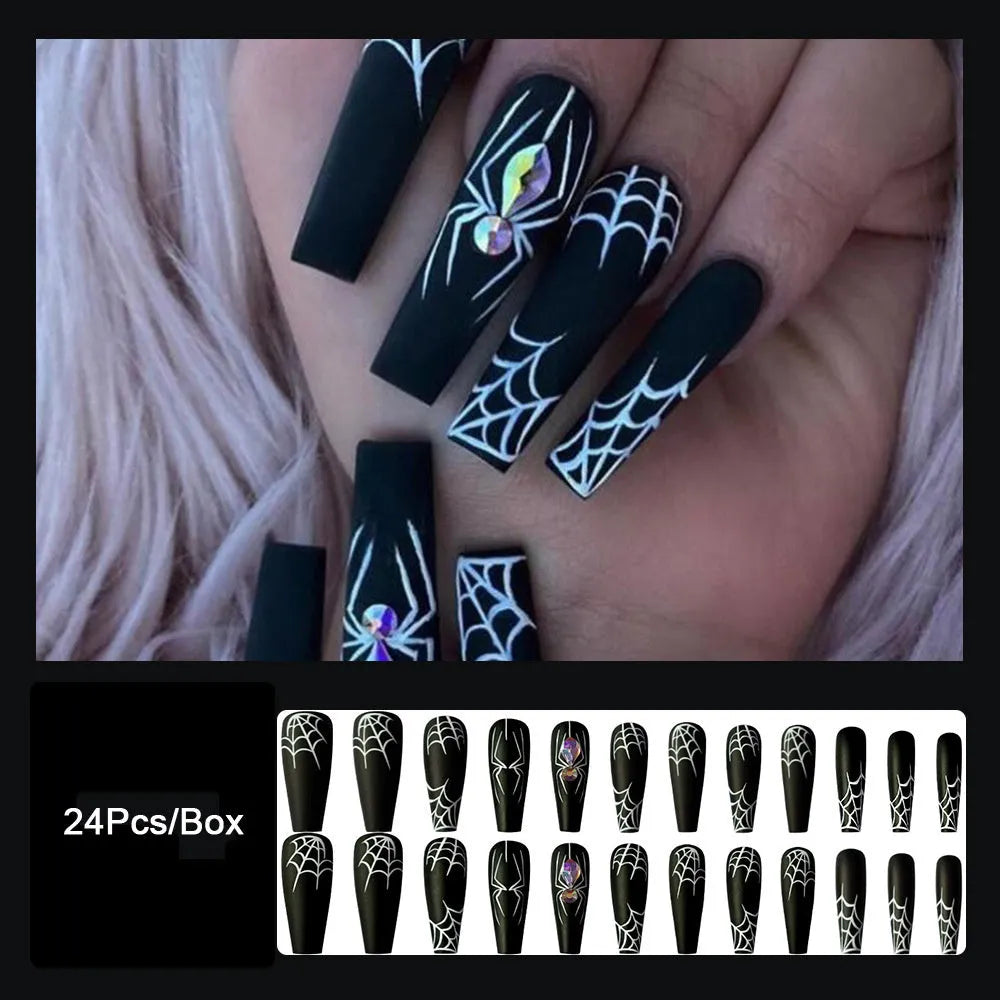 Dark Spider Halloween nail tips 24 pieces with glue, sweet cool long wearable design cartoon pattern