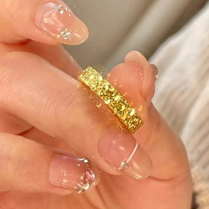 Vietnam placer gold open ring for women, copper with electroplated yellow gold finish, geometric starry sky pattern, adjustable forefinger ring
