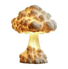 Atomic bomb mushroom cloud shaped modern art table lamp with USB power connection on wooden surface