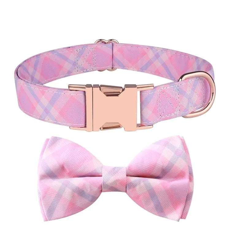 Polyester pet collar with rose gold buckle and adjustable decorative bow in multiple colour options