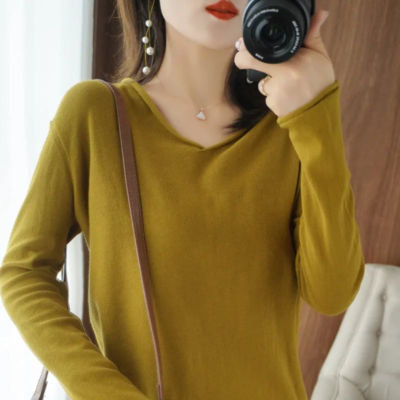 Women's V-neck long sleeve knitwear top in non-iron macaron colours for commute styling