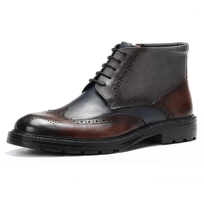 Men's coffee blue leather brogue boots with stitching detail and square low heel