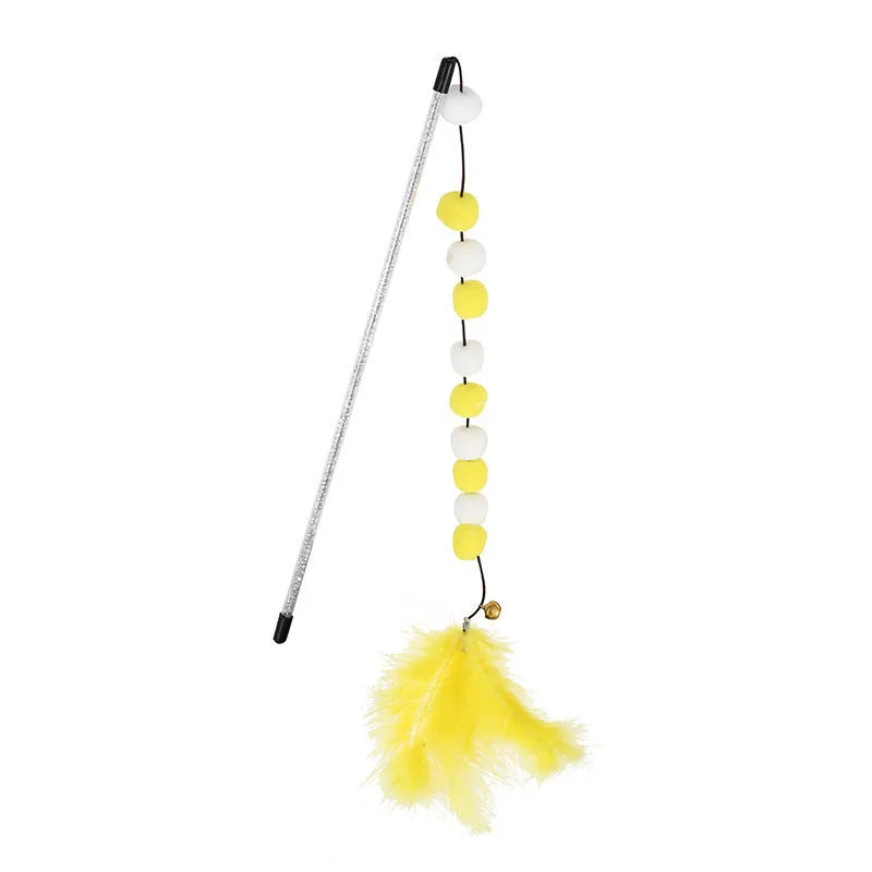 31cm acrylic cat teaser stick with contrast pompon feathers and bell in blue, grey, pink or yellow