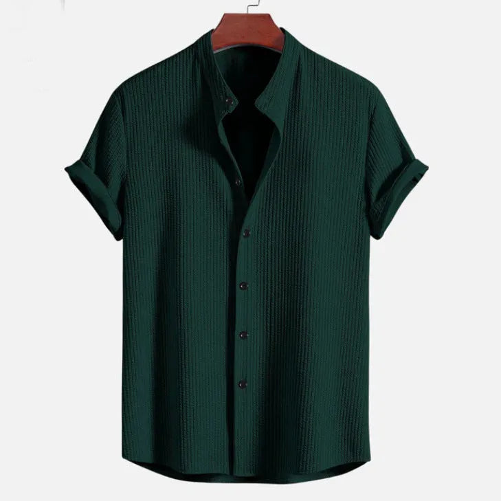 Men's loose fit short sleeve polyester shirt in multiple colour options including wine red, dark green and light blue