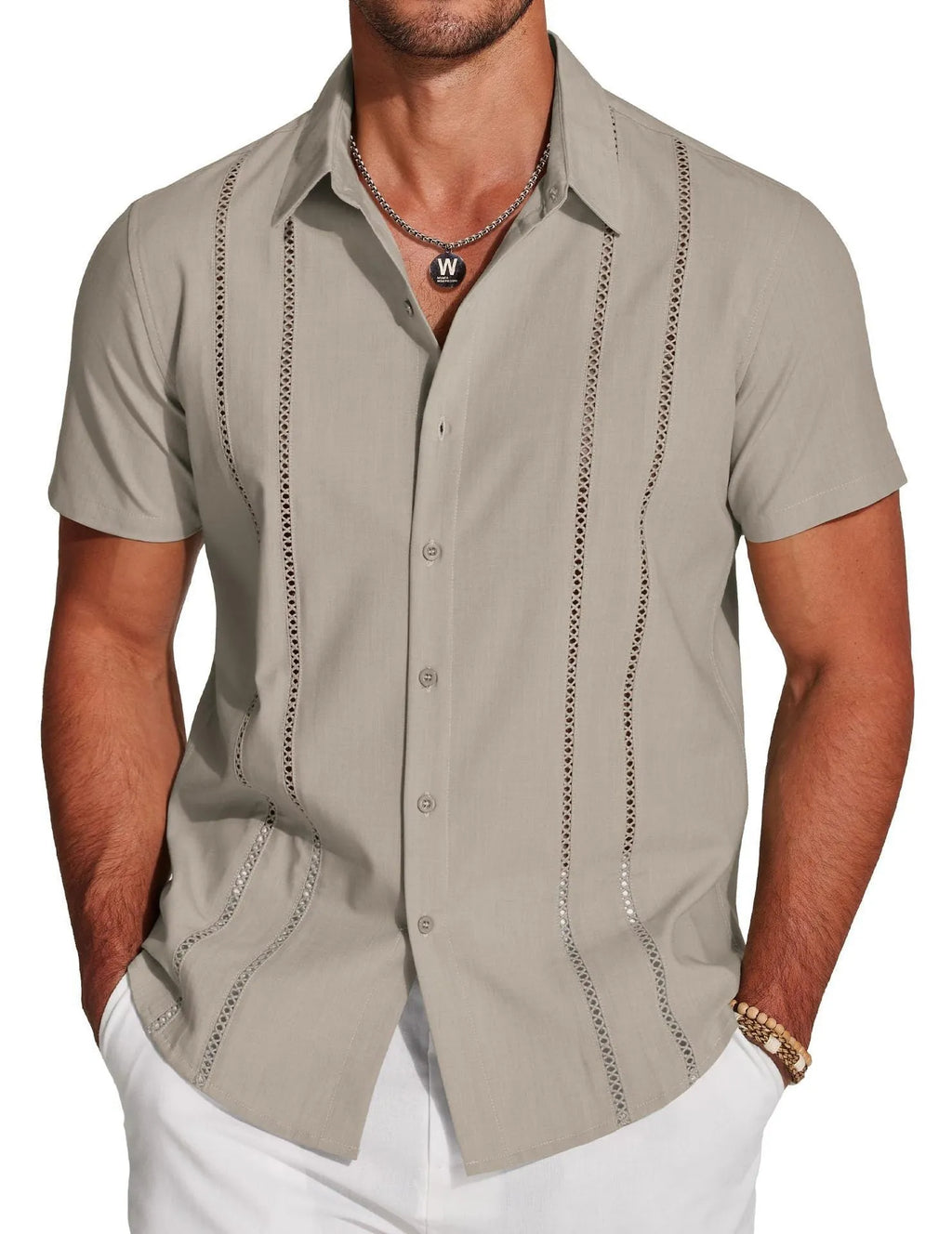 Men's slim fit Hawaiian short sleeve shirt with digital print pattern and elastic band detail.