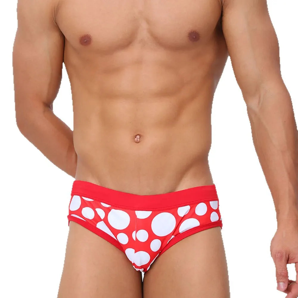 Men's triangle printed swimming trunks with cups, black ribbon cup design, polyester fabric, front view