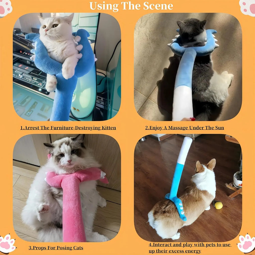70cm blue plush cat wand toy with foam-filled head for interactive pet play