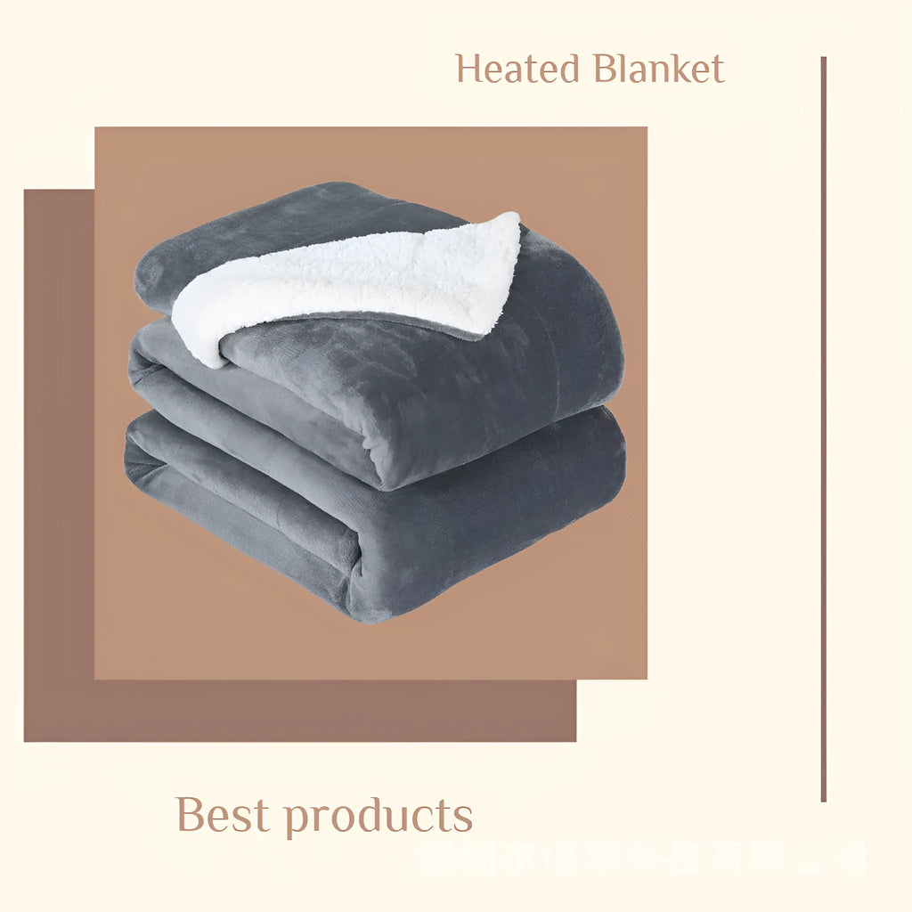 Grey and white USB electric heating blanket with intelligent temperature control on a desk.