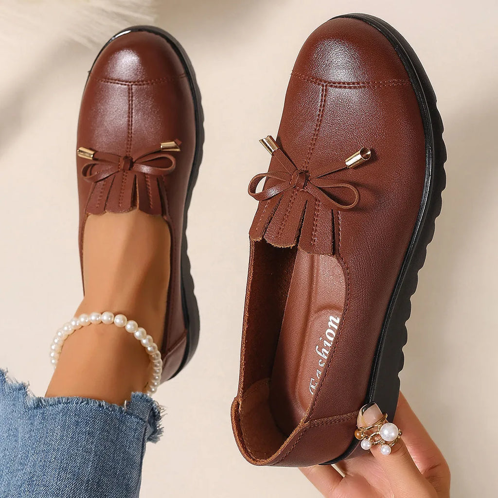 Women's non-slip flat shoes in wine red with soft microfiber upper and round toe