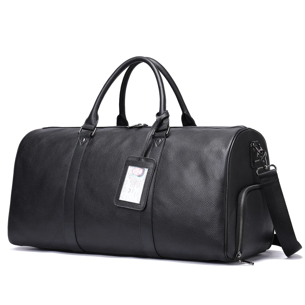 Men's black leather excursion bag with single shoulder strap showing 44cm length measurement