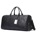 Men's black leather excursion bag with single shoulder strap showing 44cm length measurement