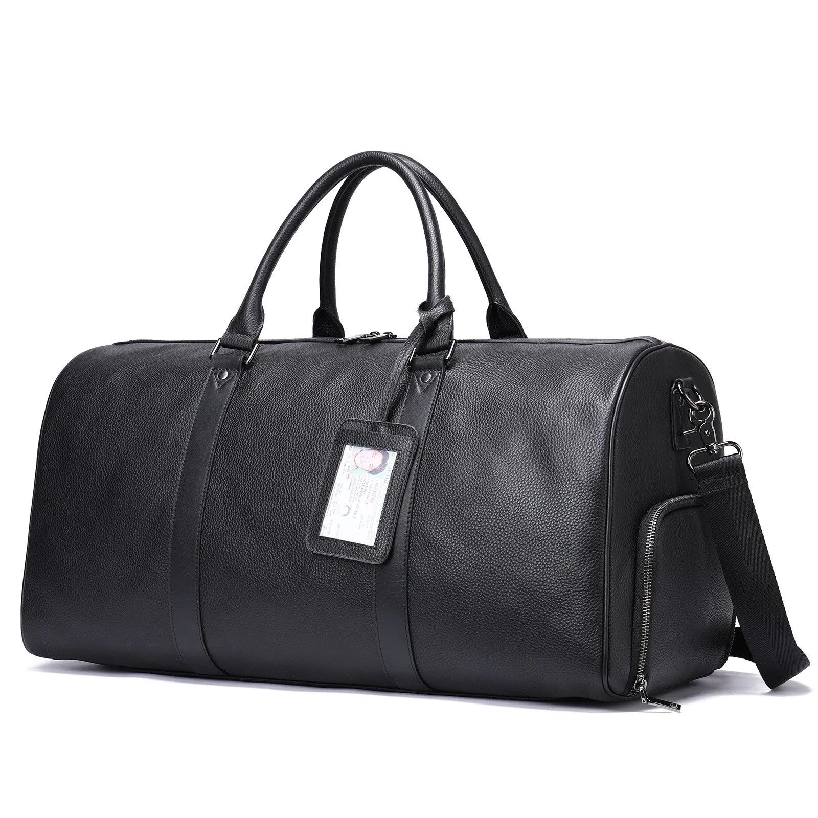 Men's black leather excursion bag with single shoulder strap showing 44cm length measurement