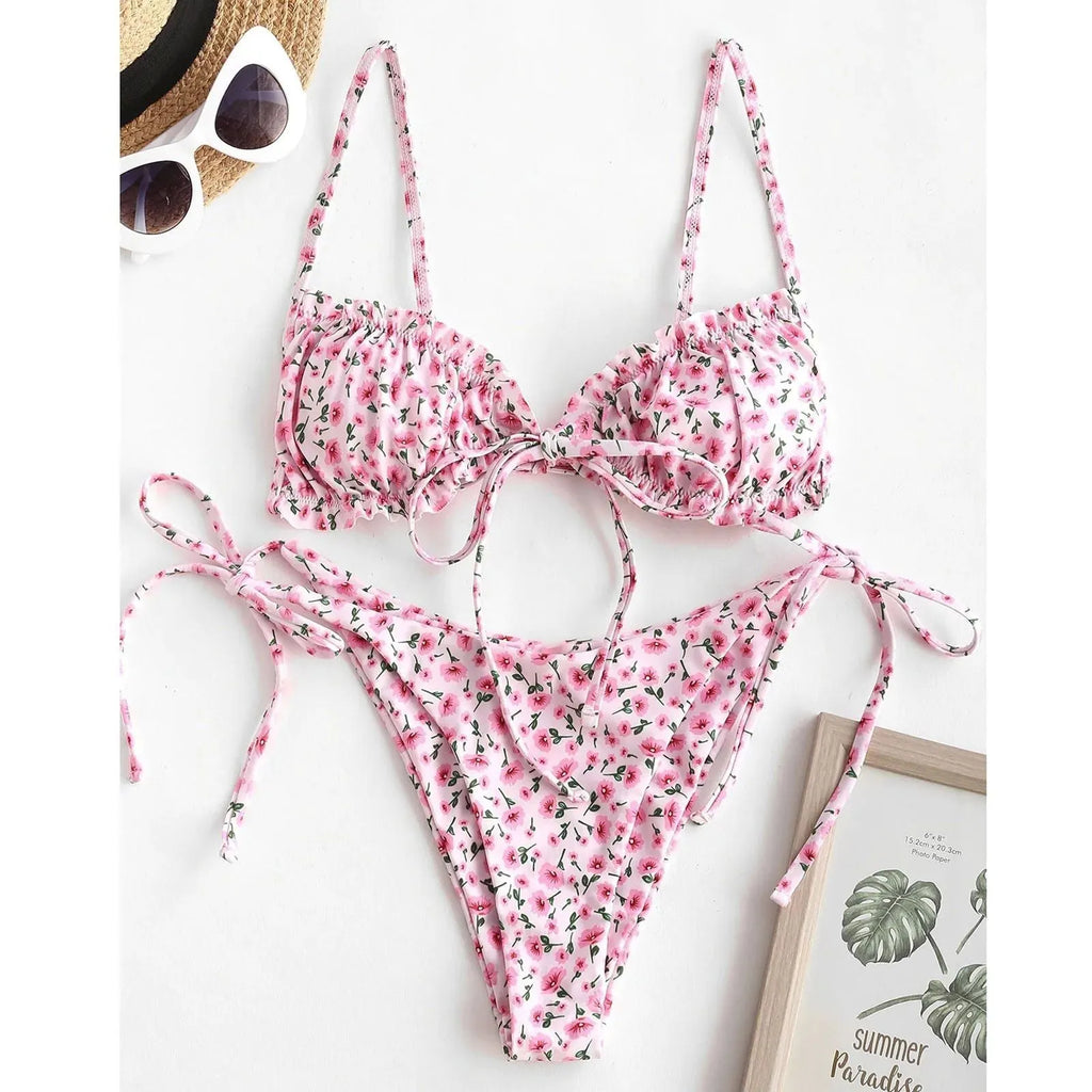 Women's printed multi-rope banded bikini swimsuit in blue or pink polyester with short sleeves