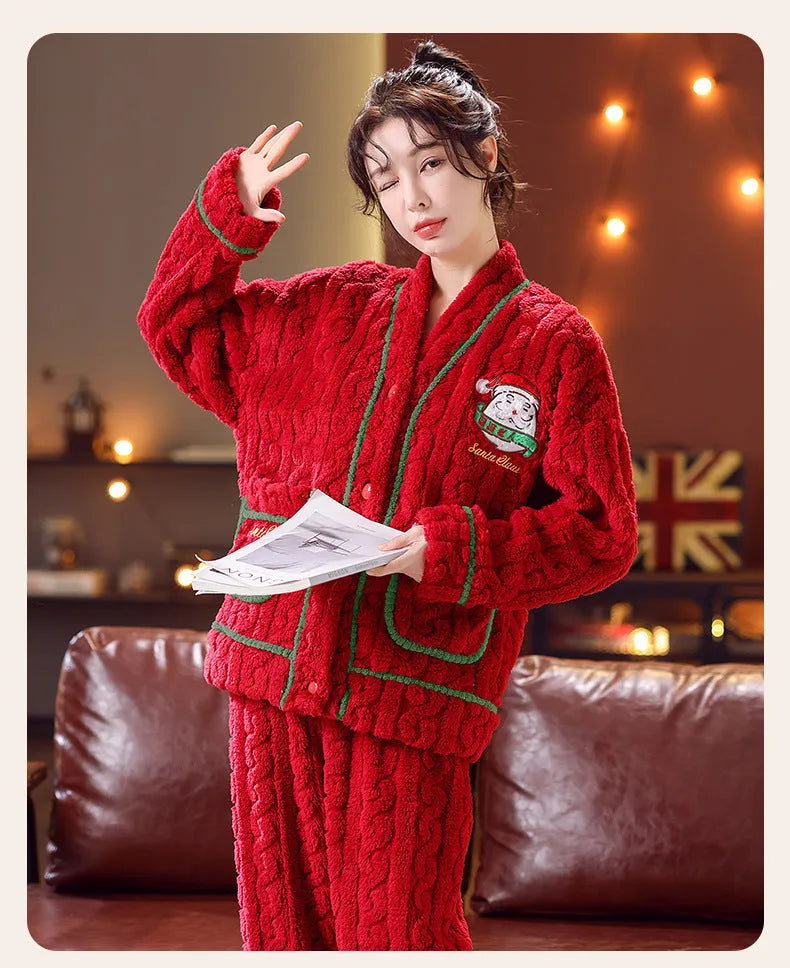 Winter women's flannel homewear leisure set in red Christmas print with top and pants