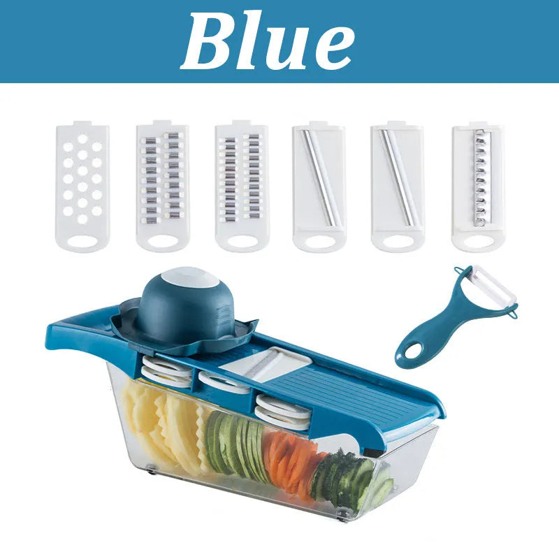 Multifunctional vegetable cutter with 7 stainless steel blades and wheat straw body in black, 31.8 cm