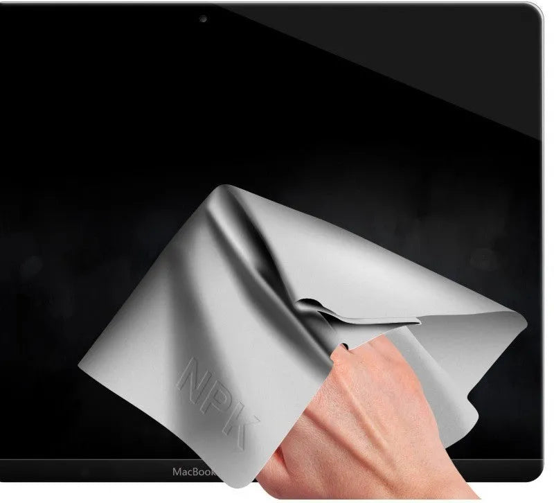 Grey keyboard dust cloth resting on a laptop keyboard, universal fit for 13-inch and 16-inch models