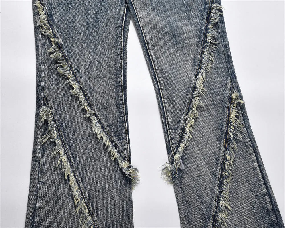 Men's blue denim punk loose straight trousers flat lay