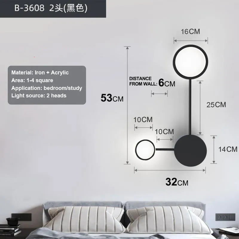 Contracted bedroom wall lamp iron acrylic 6-head 54W 96.5cm wide mounted on wall in black finish