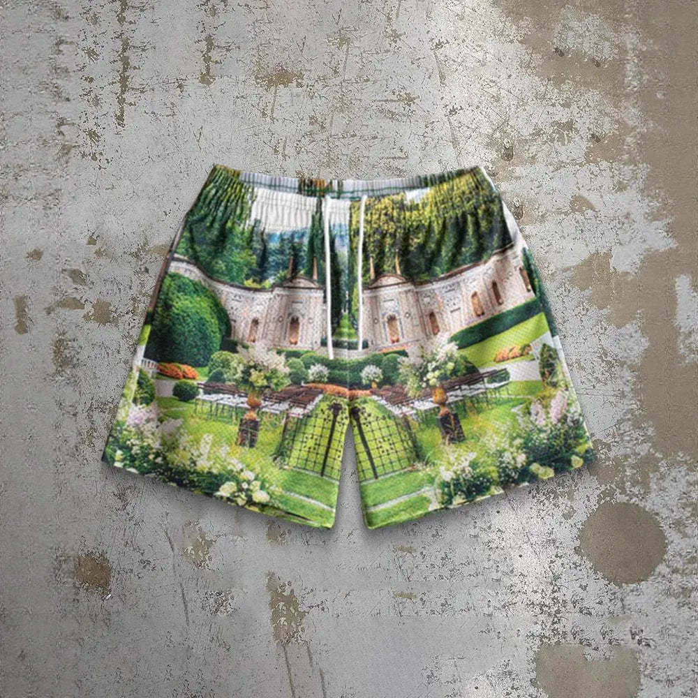 Man wearing loose-fitting digital print beach shorts made from quick-drying milk silk polyester.