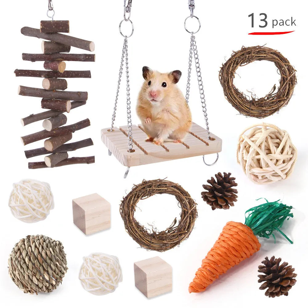 Wooden pet toy set with straw mats and woven balls for rabbits and guinea pigs
